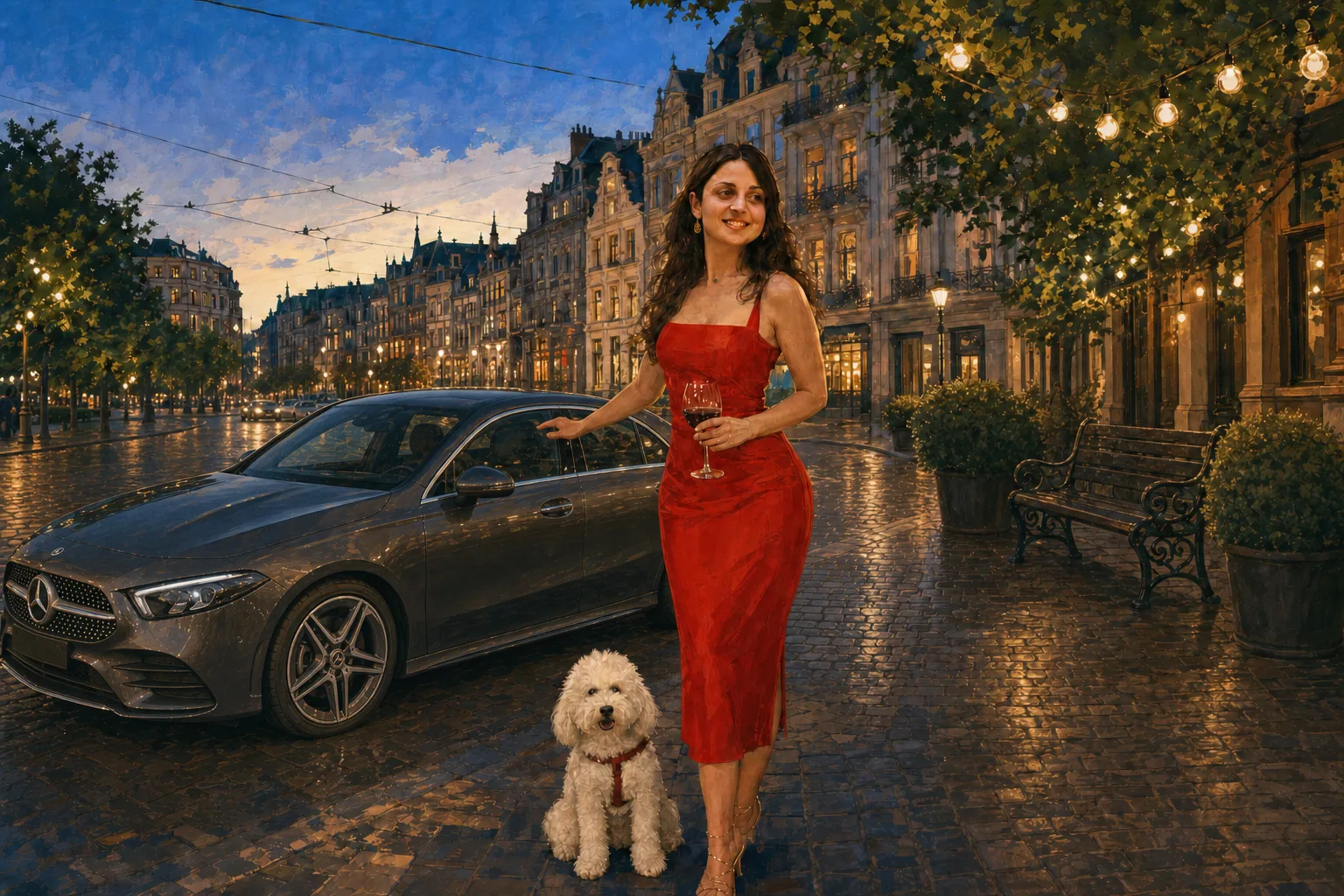 Illustration of Tamara enjoying an evening in Brussels with her dog and car
