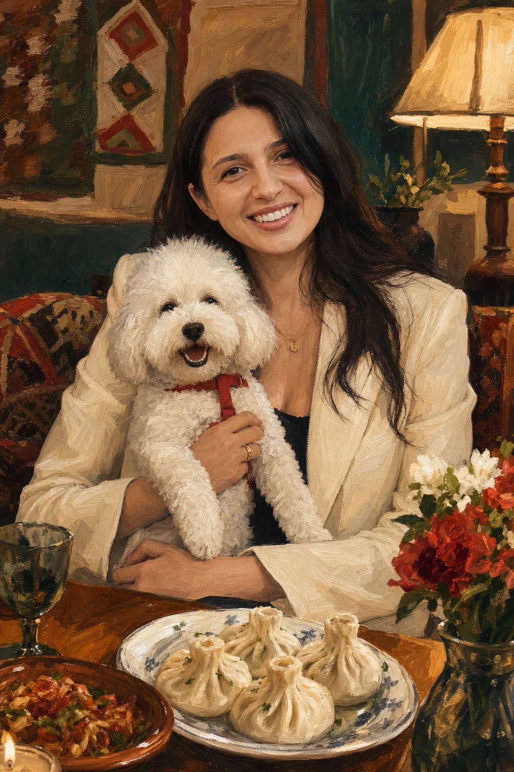 Illustration of Tamara holding her small white dog